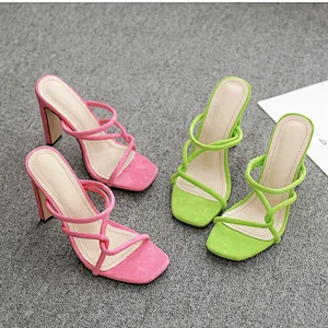DEleventh Woman Shoes Hot Selling Suede Rome New Fashion Sandals Square Toe Coarser High Heels Formal Summer Slipper Pink Green
