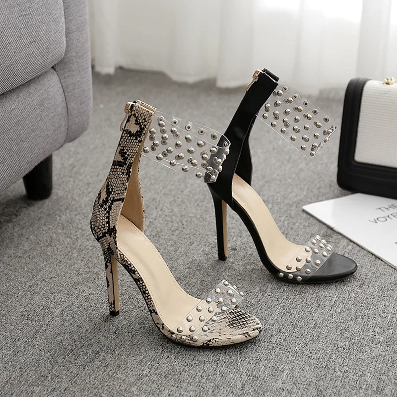 DEleventh  Women Ladies Formal Shoes New Transparent PVC Fashion Sandals Rivet Rome  Stiletto High Heels Shoes Size 35-40 Black