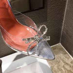 101398 GY2020-5 Fashion New Sandals Women Bow Pointed Toe High Heels PVC Transparent Sandals Silver Shoes