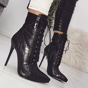 101859 DEleventh Shoes Woman Elegant Sexy Snakeskin Lace Up Front Pointed Formals Boots Stiletto High Heels Knights Boots Plus