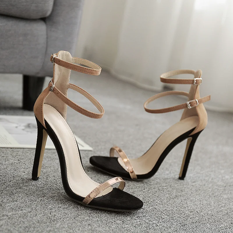 101911 Deleventh Shoes Woman New Fashion Pu Leather Peep-toe Double Buckle Sandals Rome Stiletto High Heel Formal Shoes Beige