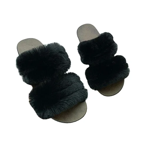 HLS388 ISEEYOUFIRST women shoes Latest Style Fashion New Artificial Two Strap Fur Slides Indoor Outdoor Animal Fur Slippers