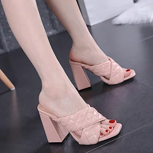 100763DEleventh Shoes Woman In Stock Fashion Patent Leather Plaid High Heel Slipper 2020 Summer Square Open Toe Coarser Heels