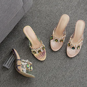 DEleventh Shoes Woman Party Shoes PVC Clear Crystal Fashion Heels Sandals Slip-On Open Toe  Coarser Heel Slipper Silver Beige