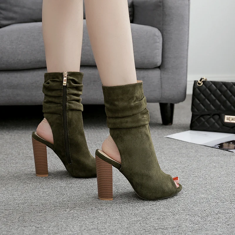 DEleventh Woman Shoes In Stock  Wholesale  Peep-Toe Suede  Fashion Pumps Coarser Heel  Ladies Dress Ankle Boots  Green Brown