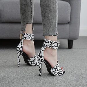 New Shoes Women Speckle Print High Heels Metal Buckle Strap Pumps Sandals Fashion Summer Sexy Peep Toe Stilettos