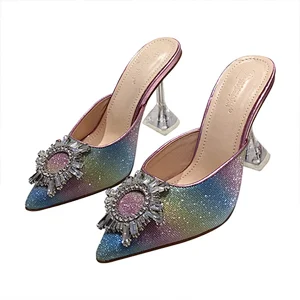 DEleventh Shoes Woman Sexy Trendy Metal Sun Flower Pointy Toe Heels Sandal Slipper Wine Glass High Heels Sexy Ladies Dress Shoes