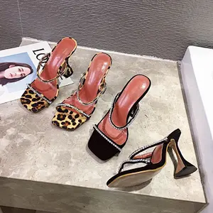 101415 Women Sandals Leopard Print Square Toe Rhinestone High Heels Slip On Sandals slippers Fashion Shoes Black