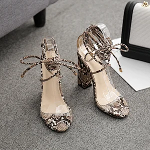 101856DEleventh Woman Shoes 2020  Hot Selling PVC Clear Summer Sandals Ankle Crossed Tied Coarser High Heels Ladies Party