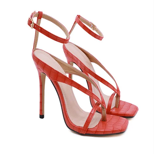 DEleventh shoes Women Hot style Roman Toe Heels Square Toe Stiletto Sandals four colors for choose Black White Red Brown