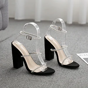 101222DEleventh Woman Shoes New Fashion PVC Clear Bling Rhinestone Rome Sandals Coarser High Heels Summer Party Shoes Black