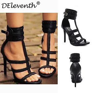 101251 Summer New sandals Women Black PU Leather T-strap Braided Belt Buckle Stiletto High Heeled Sandals Shoes Lady