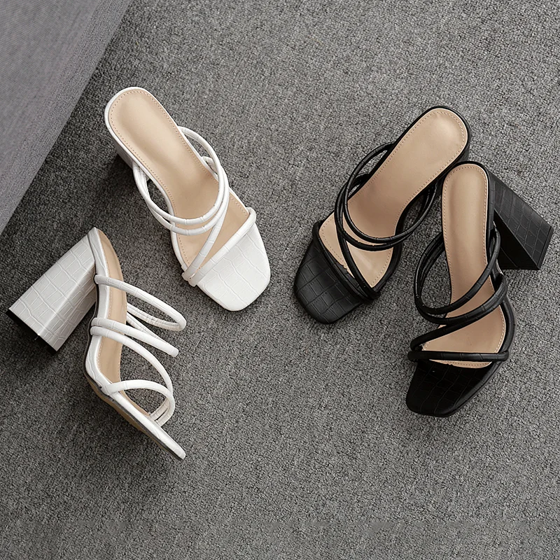 DEleventh Woman Shoes Summer New PU Leather Fashion Square Toe  Sandals Open Toe Coarser High Heels Ladies Slipper Black White