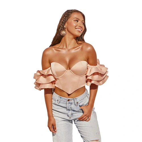 Sexy Satin Bustier Corset Top Women Blouses Ruffles Off The Shoulder Backless Plus Size Crop Tops