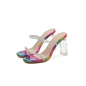 DEleventh Shoes Woman Sexy Ladies Shoes Transparent PVC Rhinestone Rainbow Sandals Hot Selling Square Toe Coarser Heel Slipper