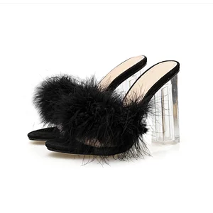 2020 New Arrival Ladies Sexy Shoes Furry Slippers Perspex Crystal High Heels Peep Toe Block Heel Sandals Heels For Women