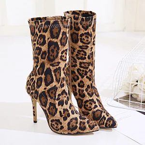 DEleventh Shoes Woman Sexy Leopard Stretch Fabric Pointy Toe Ankle Boots New Stiletto High Heels Formal Shoes In Stock Wholesale