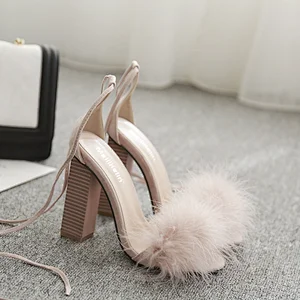 DEleventh Woman Shoes In Stock  Wholesale Feather Ankle Crossed  Tied  Summer Sandals  Coarser Heel Ladies Wedding Shoes  Black