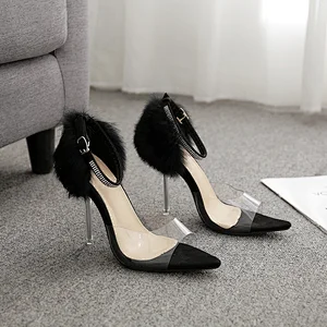 101876Deleventh Shoes Woman Sexy PVC Clear Feather Diamond Crystal Heels Party Shoes Stiletto High Heels Sandals Black Large