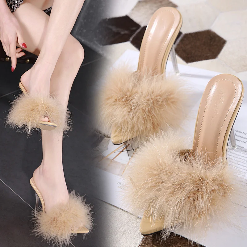 2020 High Quality Shoes Women High Heels 12 cm Pointed Toe Pumps Furry Slippers