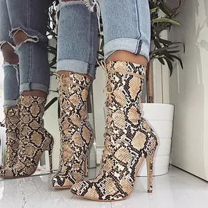 DEleventh Shoes Woman Boots 2020 New Arrivals Pointy Toe Brown Snakeskin PU Leather Formal Shoes New Zippers Stiletto High Heels