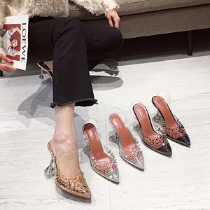 DEleventh Shoes Woman Summer 2020 Sexy Rivet Pointy Toe Heels Sandals Slipper Wine Glass High Heels Shoes Three Colors In Stock