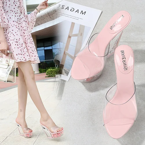 126-3 Summer 2021 Clear Platform Slides Wedge Shoes 14cm Heels Slip On Slide Sandals Shoes Women with flowers