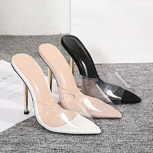 100948 DEleventh Shoes Woman Fashion Show Slippers Pointy Toe PVC Clear Peep-Toe Metal Heel Stiletto High Heel Sandal Beige