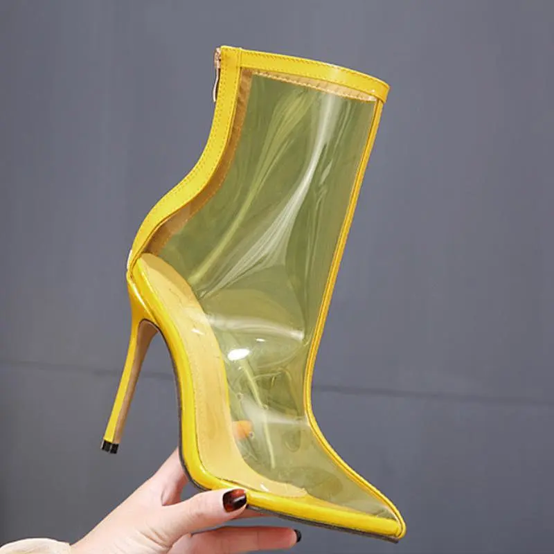 DEleventh Shoes Woman Motorcycle Boots New PVC Jelly  Transparent Pointy Toe Ankle Boot Stiletto Heels Formal Shoes Yellow Beige