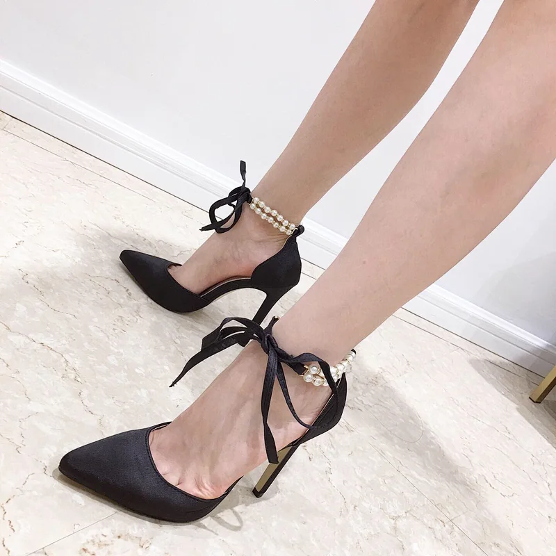 101576 DEleventh Shoes Woman Elegant Wedding Shoes Sandal Sexy Pearls Crossed Tied New Pointy Toe Stiletto High Heels Party