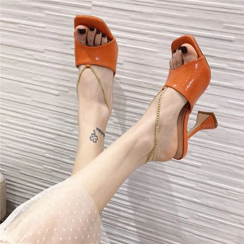 100651Deleventh Shoes Woman New Arrival 2020 Stylish Square Open Toe Metal Chains Female Sandal PU Leather Wine Glass High