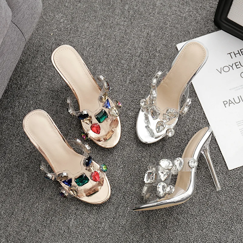 DEleventh Shoes Woman Color Diamond Crystal Fashion Heel Slippers Slip-On Open Toe Stiletto High Heels Sandals Party Shoes Gold