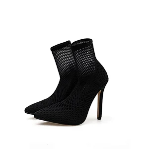 DEleventh Shoes Woman Sexy Stiletto Winter High Heels Formal New Mesh Pointed Toe Short Boots Transparent Socks Boots Black Roes