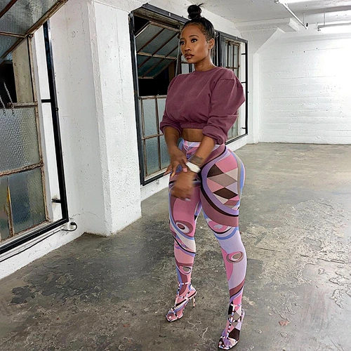 102117 New fashion Women Mesh Slim Print Multicolor Long Casual Pants