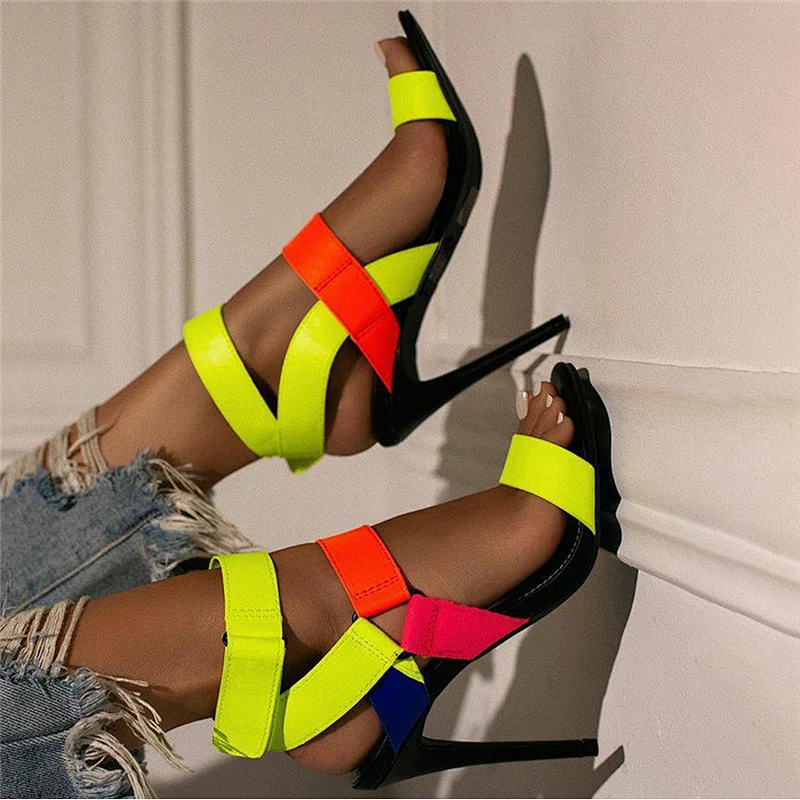 DEleventh Shoes Woman New Fashion Runway Showlatest Shoes Summer 2020 Colorful PU Leather Peep Toe Stiletto High Heels Sandals