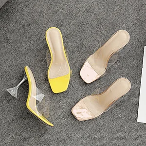 100112DEleventh Woman Shoes Hot Selling PVC Clear Cross-Strap Sandals  Wine Glass Coarser High Heels Slipper Yellow Gold Plus