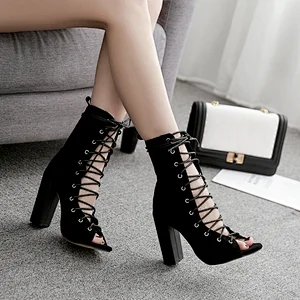 DEleventh Woman Shoes 2020 New Fashion Suede Ankle Crossed Tied Elegant Pumps Peep-Toe Coarser Heel Ladies Formal Sandals Black