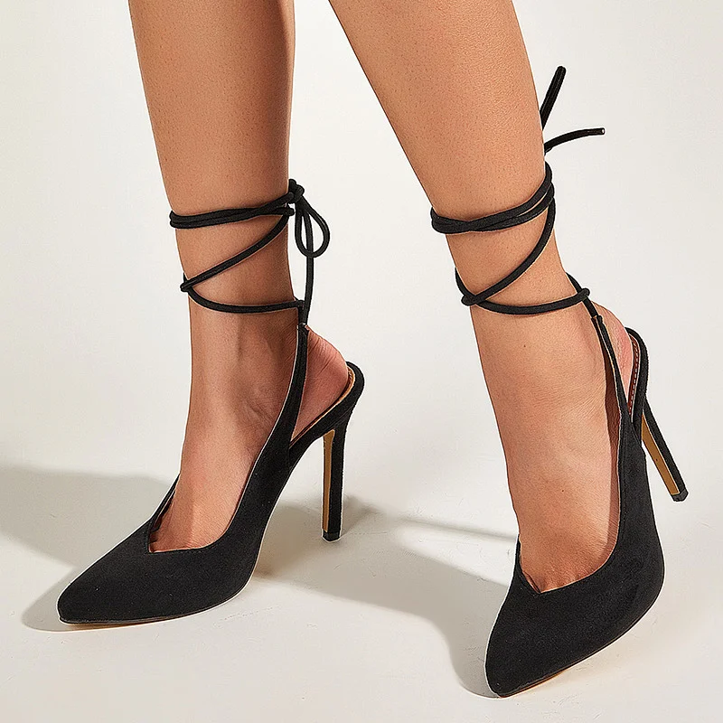 DEleventh Shoes Woman Pointy Toe Stiletto High Heels Party Shoes Elegant Fashion Ankle Crossed Tied Heels Sandals In Stock Black