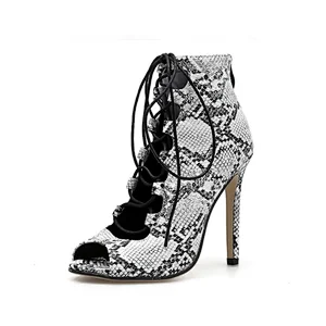 DEleventh Shoes Woman Snakeskin Fashion Runway Show High Heel Sandals Sexy Ankle Crossed Tied Stiletto High Heels Shoes Black