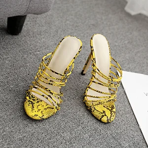 DEleventh Shoes Woman Hot Selling Yellow Snakeskin Ribbon Roman Heels Slippers Slip-On Open Toe Stiletto Heels Sandals In Stock