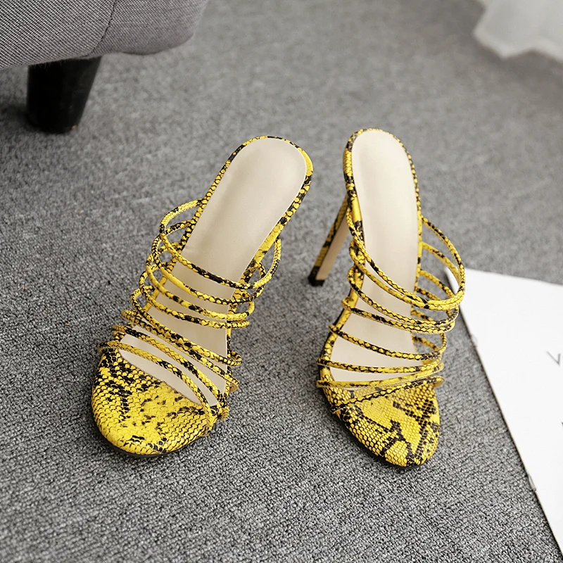DEleventh Shoes Woman Hot Selling Yellow Snakeskin Ribbon Roman Heels Slippers Slip-On Open Toe Stiletto Heels Sandals In Stock