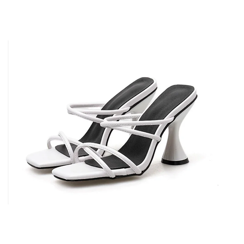 101460 DEleventh Shoes Woman In Stock Fashion PU Leather Cross-Strap Heels Sandals Slip-On Open Toe Heels Slipper White Blue