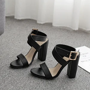 101917 Deleventh Shoes Woman New Fashion PU Leather Buckle Strap Cross Strap Sandal Coarser High Heels Open Toe Roman Shoes
