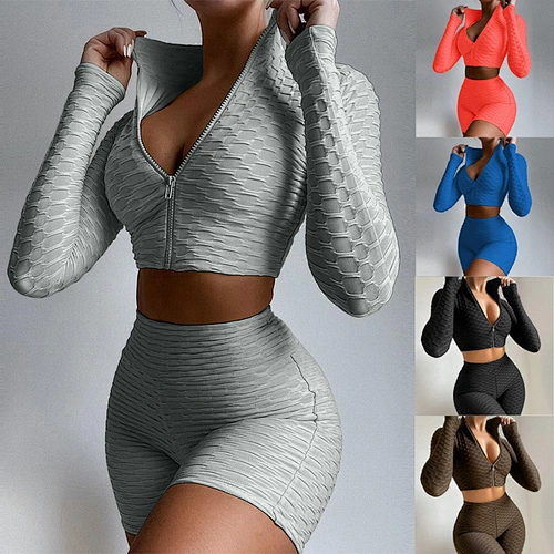 2021 Womens Workout 2 Piece Sets Casual Clothing Long Sleeve Fitness Gym Outfits Sportswear Two Piece Shorts Set