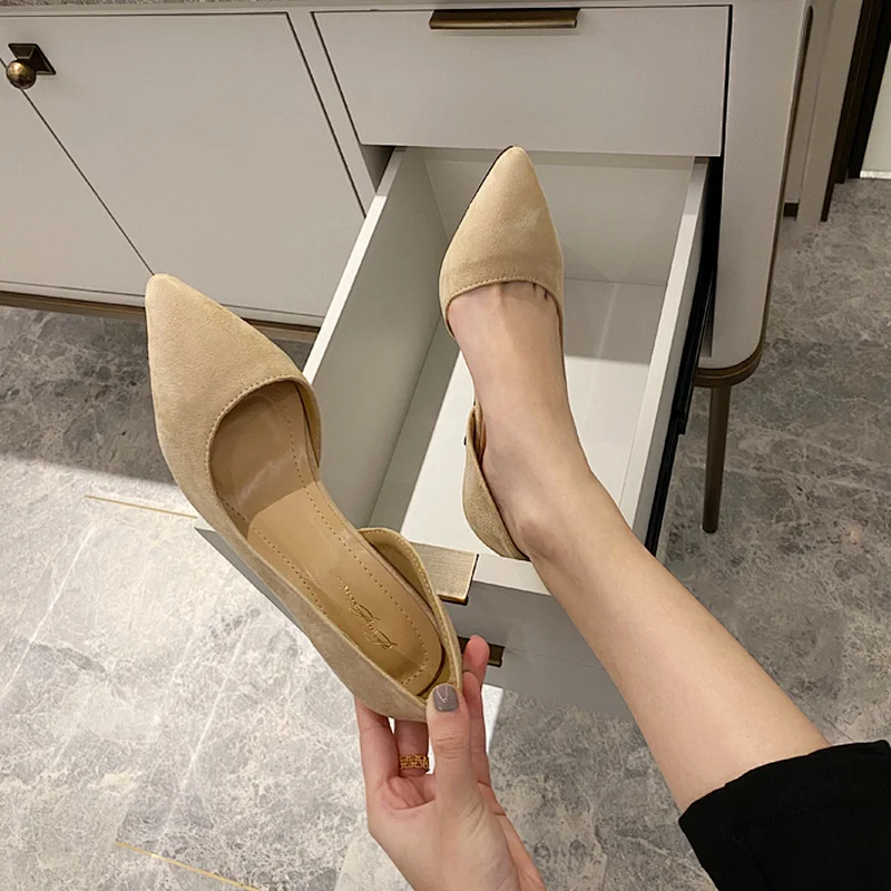 DEleventh Shoes Woman Elegant Office Shoes Microfiber Leather Pointy Toe Low Heel Pump Stiletto High Heels Shoes Black Beige 5CM