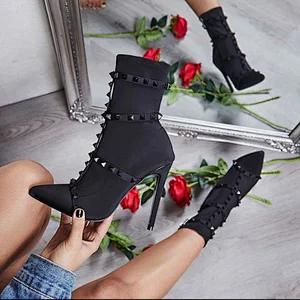 100930 Sexy solid color women's High Heel Ankle Boots pointed toe rivets