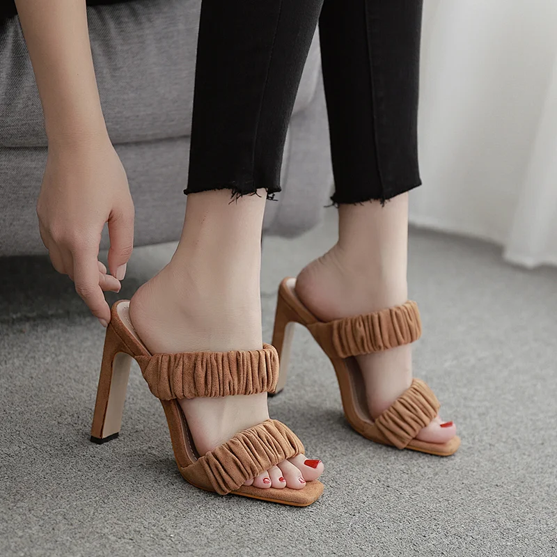 DEleventh Shoes Woman Fashion Sexy Pleated Square Toe Leather Heels Sandals Slip-On Open Toe Coarser Heel Slipper Black Brown