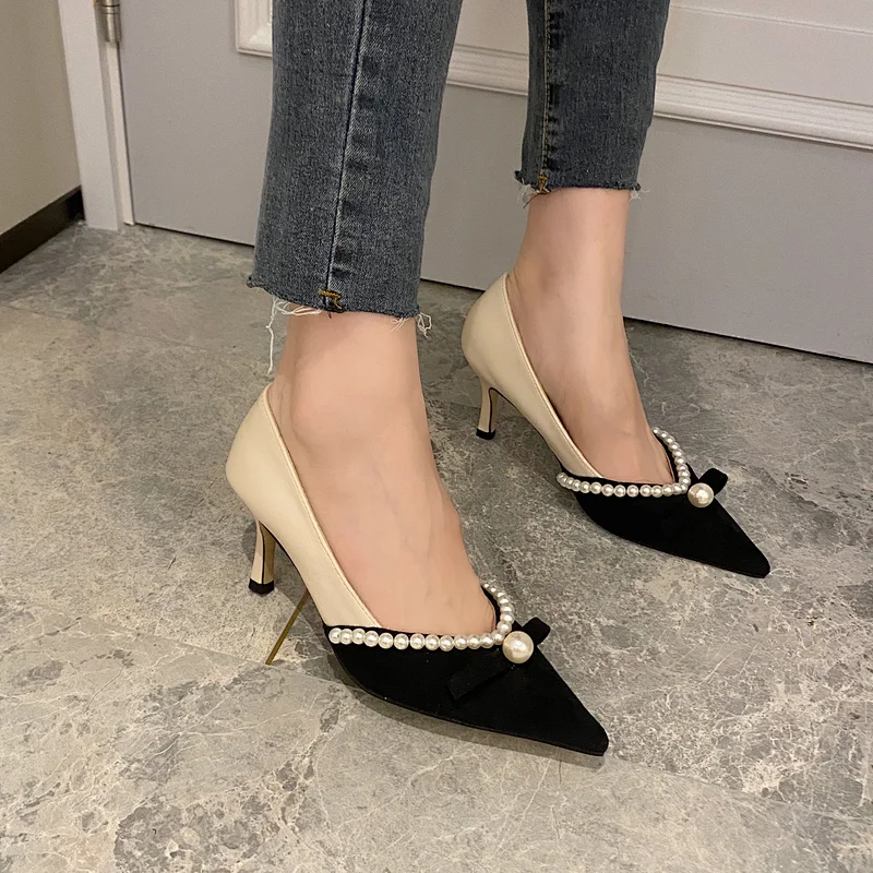 101503 DEleventh Shoes Woman Summer Formal Pumps Sandals Sexy Pearls Pointy Toe Suede Stiletto High Heels Party Shoes Beige