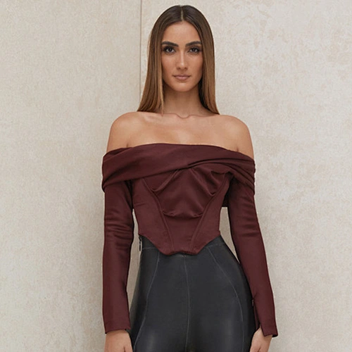 Women Fashion Satin Off Shoulder Bone Corset Clothing Plus Size Blouse Long Sleeve Crop Top