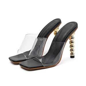 100996DEleventh Shoes Woman In Stock Wholesale Square Toe Stiletto Heel Slipper New Transparent PVC Ladies Fashion Sandals